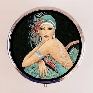 Art Deco Flapper Pill Box Case Pillbox Holder Trinket Portrait Painting 1920s Jazz Age Green Dress