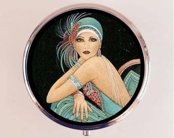 Art Deco Flapper Pill Box Case Pillbox Holder Trinket Portrait Painting 1920s Jazz Age Green Dress