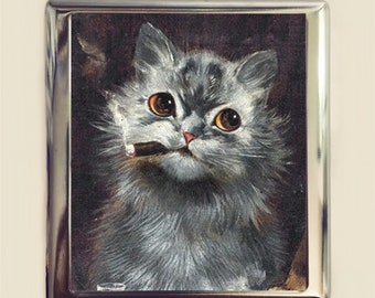 Smoking Cat Cigarette Case Business Card ID Holder Wallet Smoker Whimsical Cats Vintage Illustration