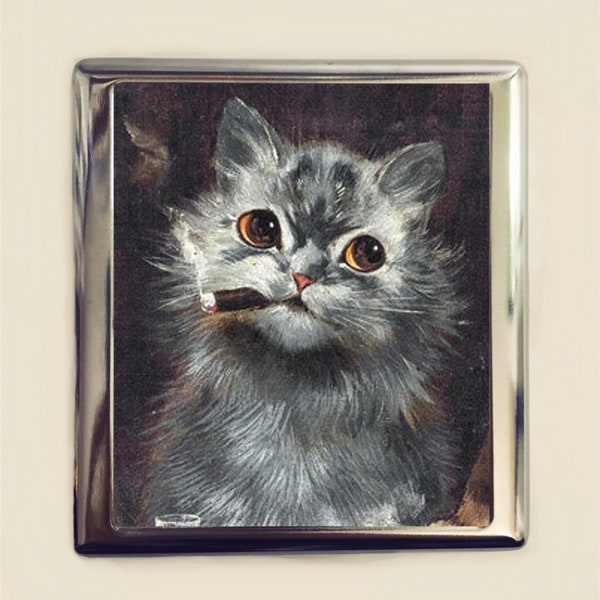 Smoking Cat Cigarette Case Business Card ID Holder Wallet Smoker Whimsical Cats Vintage Illustration