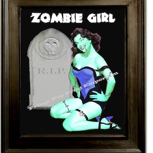 Zombie Girl Pin Up Art Print 8 x 10 - Pinup Goth Horror Psychobilly