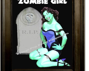 Zombie Girl Pin Up Art Print 8 x 10 - Pinup Goth Horror Psychobilly