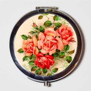 Flowers Compact Mirror - Pink and Red Bouquet Elegant Romance Love - Make Up Pocket Mirror for Cosmetics