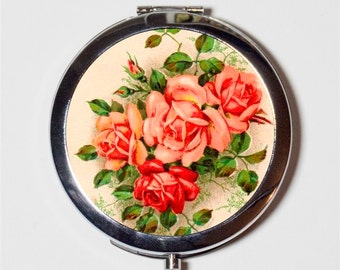 Flowers Compact Mirror - Pink and Red Bouquet Elegant Romance Love - Make Up Pocket Mirror for Cosmetics