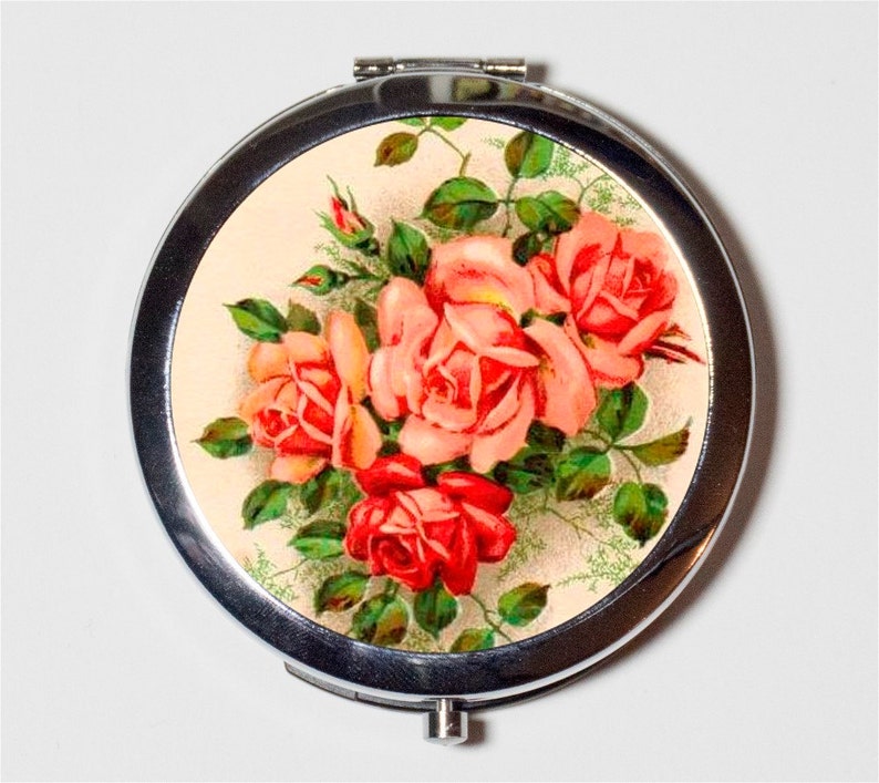 Flowers Compact Mirror Pink and Red Bouquet Elegant Romance Love Make Up Pocket Mirror for Cosmetics image 1