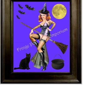 Witch Pin Up Art Print 8 x 10 - Altered Art - Black Cat - Retro 50s Pinup - Moon Bats