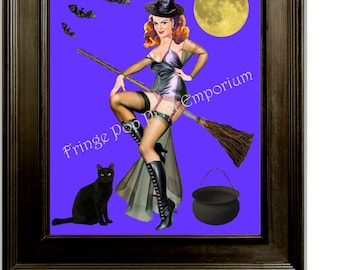 Witch Pin Up Art Print 8 x 10 - Altered Art - Black Cat - Retro 50s Pinup - Moon Bats