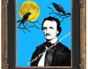 Edgar Allan Poe on Blue With Ravens Art Print 8 x 10  - Goth Gothic Tree Branches