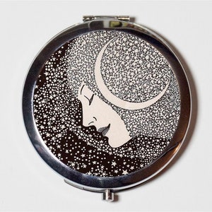 Moon Woman Compact Mirror - Celestial Lunar Goddess Crescent Moon - Make Up Pocket Mirror for Cosmetics