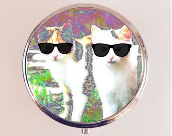 Cat Sunglasses Pill Box Case Pillbox Holder Trinket Anthropomorphic Animal Pop Art