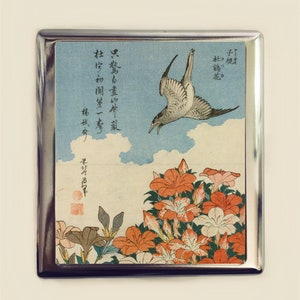 Estuche para cigarrillos con diseño de cuco y azaleas, tarjetero, billetera, arte asiático japonés, pájaro, flor, azalea