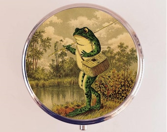 Frog Fishing Pill Box Case Pillbox Holder Trinket Box Victorian Toad Anthropomorphic