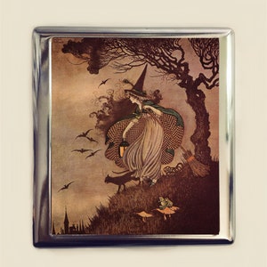 Witch Fairytale Cigarette Case Business Card ID Holder Wallet Storybook Fairy Tale Halloween Black Cat Illustration