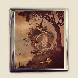 Hexe Märchen Zigarettenetui Visitenkarte Ausweishalter Brieftasche Märchenbuch Märchen Halloween Schwarze Katze Illustration