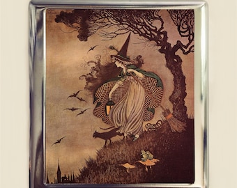 Witch Fairytale Cigarette Case Business Card ID Holder Wallet Storybook Fairy Tale Halloween Black Cat Illustration