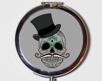 Sugar Skull Compact Mirror - Day of the Dead Dia De Los Muertes Top Hat Mustache Mexican Holiday - Make Up Pocket Mirror for Cosmetics