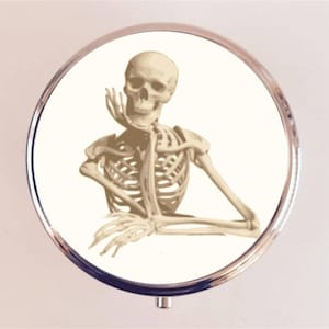 Skeleton Thinking Pill Box Case Pillbox Holder Trinket Box Goth Gothic Macabre