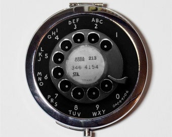 Rotary Telephone Compact Mirror - Vintage Technology Phone - Make Up Pocket Mirror for Cosmetics