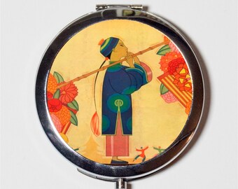 Chinese Boy Compact Mirror - Asian Fine Art Painting - Make Up Pocket Mirror for Cosmetics