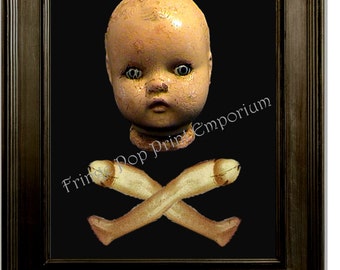 Doll Crossbones Art Print 8 x 10 - Goth Victorian Doll Head - Creepy - Skull and Crossbones