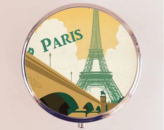 Paris Pill Box Case Pillbox Holder Trinket Eiffel Tower French Travel Poster