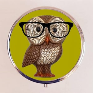 Owl Nerd Pill Box Case Pillbox Holder Trinket Hipster Glasses Anthropomorphic Animal Pop Art