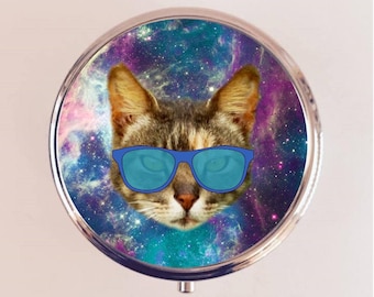 Outerspace Cat Pill Box Case Pillbox Holder Trinket Universe Kawaii Eye Glasses Universe Space Animal Art