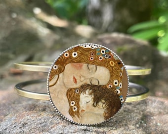 Gustav Klimt Mother and Child Bronze Cuff Bracelet | Famous Painting Jewelry | Art Deco Nouveau Inspired | Fine Art