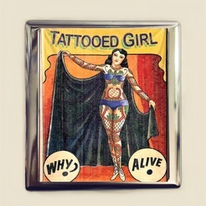 Fille tatouée Étui à cigarettes Porte-cartes d'identité Portefeuille Sideshow Bannière Circus Freak Tattoo Retro