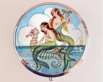 Mermaid Pill Box Case Pillbox Holder Trinket Harp Seahorse Nautical Sirens