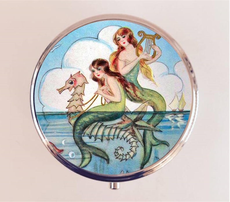 Mermaid Pill Box Case Pillbox Holder Trinket Harp Seahorse Nautical Sirens image 1