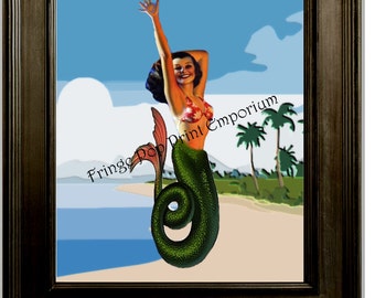 Sirena perno encima de la lámina 8 x 10 - Pin-Up Girl en Playa - belleza náutica - Tropical