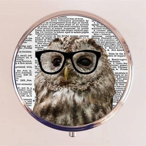 Owl Nerd Pill Box Case Pillbox Holder Trinket Anthropomorphic Animal Art Glasses