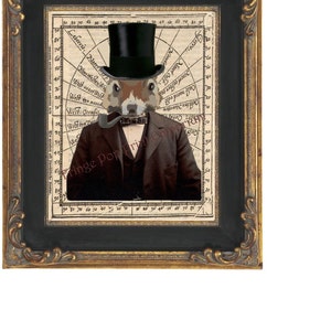 May include: A vintage-style illustration of a squirrel wearing a top hat, bow tie, and a suit jacket. The squirrel is holding a pipe in its mouth and is standing in front of a compass with a map background.