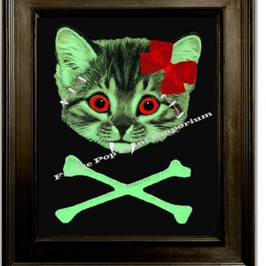 Zombie Kitten Art Print 8 x 10 - Cat Crossbones Pop Surrealism Psychobilly Goth Horror Kawaii