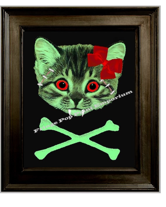 Zombie Kitten Art Print 8 X 10 Cat Crossbones Pop Surrealism Psychobilly  Goth Horror Kawaii 