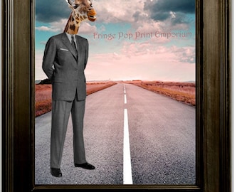 Giraffe Man Art Print 8 x 10 - Existentialist Business Man Giraffe at Cross Roads - Pop Surrealism - Anthropomorphic - Altered Art