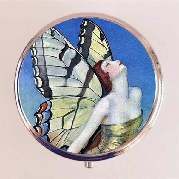 Flapper Butterfly Pill Box Case Pillbox Holder Trinket Box Art Deco 1920s 20s Jazz Age