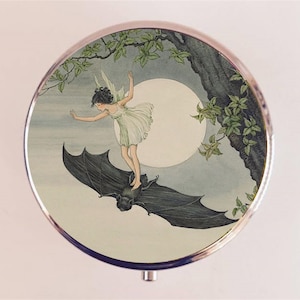 Bat Rider Pill Box Case Pillbox Holder Trinket Little Girl Riding Bat Illustration Storybook Goth Tree Moon