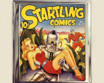 Robot and Woman Cigarette Case Business Card ID Holder Wallet Sci Fi Comic Book Pulp Romance Retro 1950s
