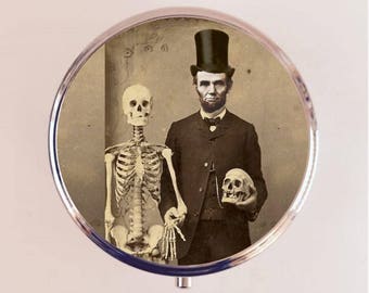 Abraham Lincoln Pill Box Case Pillbox Holder Skeleton Goth Skull Lowbrow Altered Art