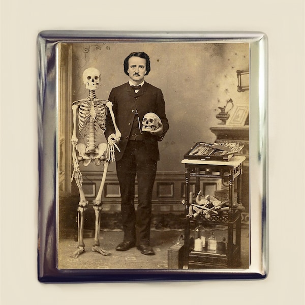 Edgar Allan Poe, étui à cigarettes squelette, porte-cartes d'identité, portefeuille, crâne gothique, art sombre, victorien, auteur littéraire