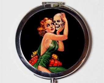 Pulp Skull Woman Compact Mirror - Goth Gothic Art Deco Macabre - Make Up Pocket Mirror for Cosmetics