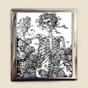 Skeleton and Roses Cigarette Case Business Card ID Holder Wallet Goth Gothic Dark Art Macabre