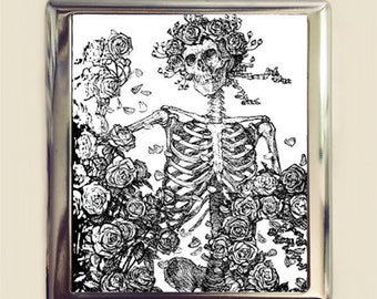 Skeleton and Roses Cigarette Case Business Card ID Holder Wallet Goth Gothic Dark Art Macabre
