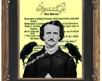 Edgar Allan Poe on Raven Poem Art Print 8 x 10 - Goth Gothic With Ravens