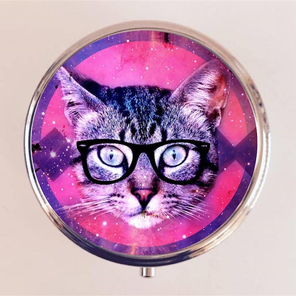 Cat Nerd Pill Box Case Pillbox Holder Trinket Pop Art Hipster Cats Glasses Anthropomorphic Animal Art