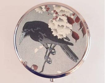 Crow Cherry Blossom Woodblock Pill Box Case Pillbox Holder Trinket Japanese Art Japan Asian Art