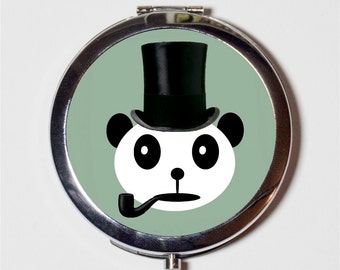 Victorian Steampunk Panda Compact Mirror - Dapper Bear in Top Hat with Pipe - Make Up Pocket Mirror for Cosmetics