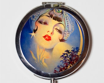 Gypsy Art Deco Moon Compact Mirror - Flapper 1920's Jazz Age Roaring 20s Portrait - Make Up Pocket Mirror for Cosmetics